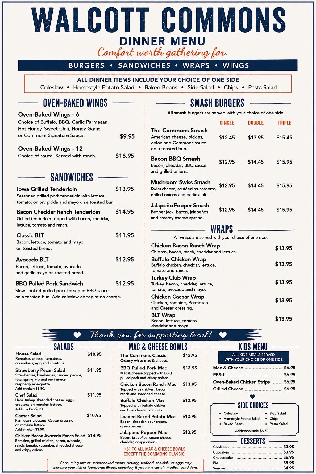 Walcott Commons Dinner Menu